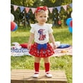 thumbnail image 3 of Loicainy Infant Baby Girl 4th of July Clothes Set 3 6 9 12 18 Months Letter Bow Print Short Sleeves Romper and Layered Ruffles Shorts Cute Headband Socks 5Pcs Outfits, 3 of 9