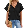 thumbnail image 3 of Women Summer Tops Waffle Knit Short Sleeve Drawstring Hoodies Button V Neck Casual Blouses Shirts, 3 of 9