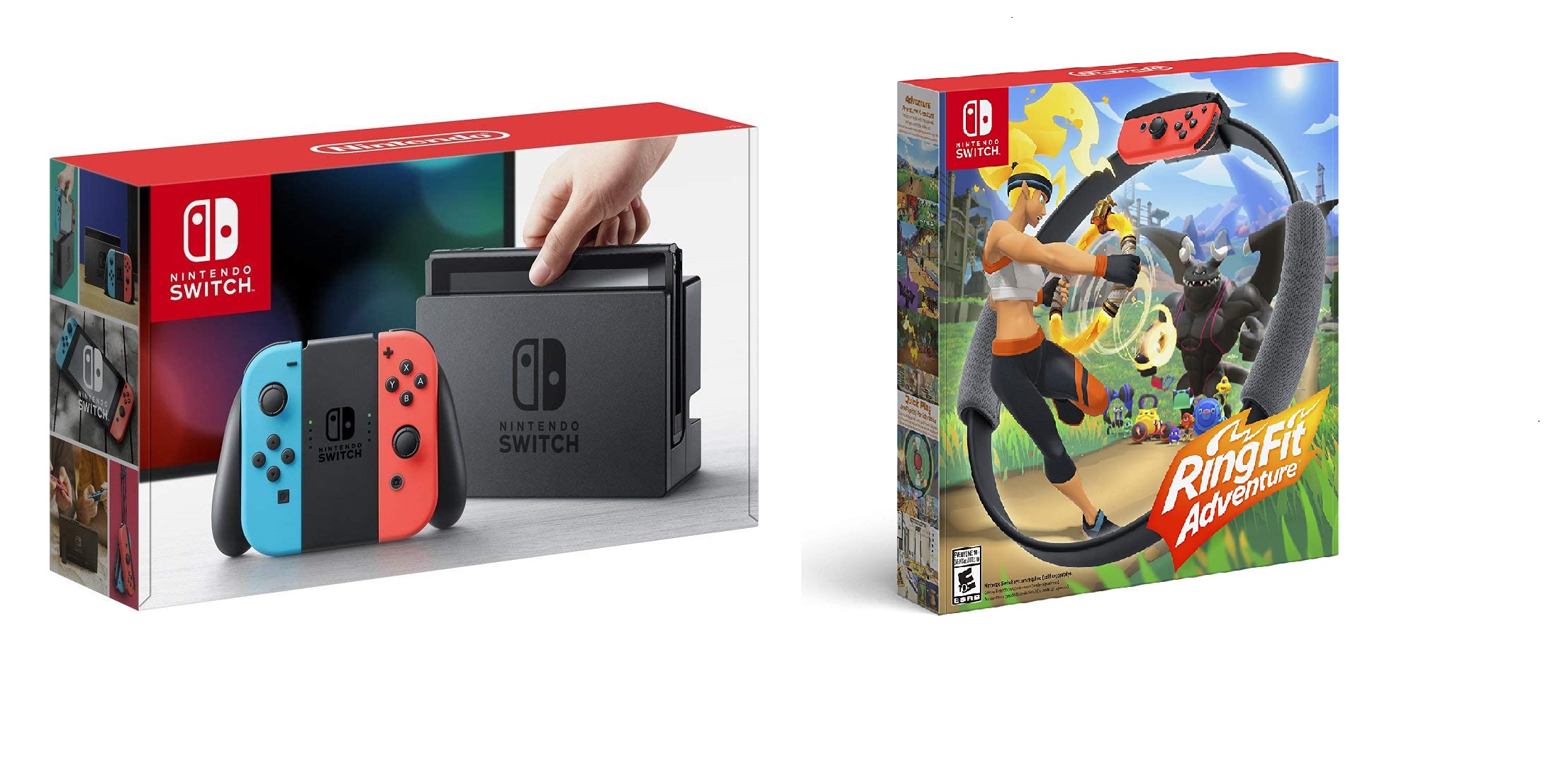 New Nintendo Switch Neon Red/Blue Joy-Con Improved Battery Life Console Bundle with New Ring Fit Adventure