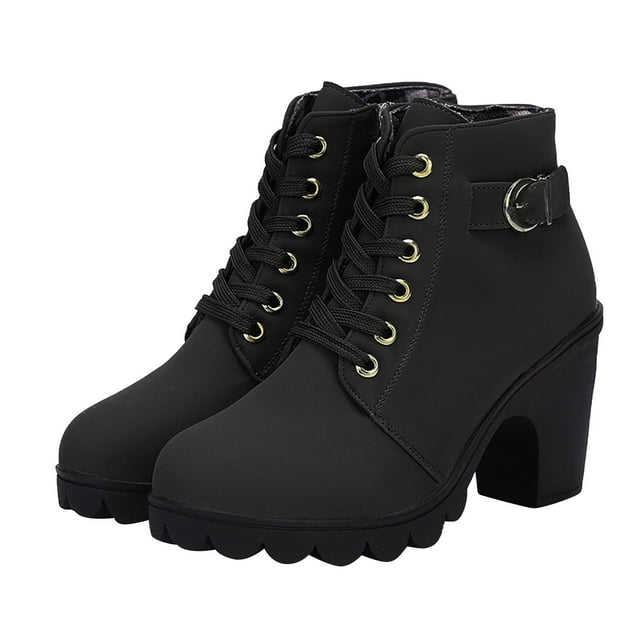 jsaierl Women Boots Retro Thick Heel High Heel Shoes Boots Plus Size Lace Up Boots