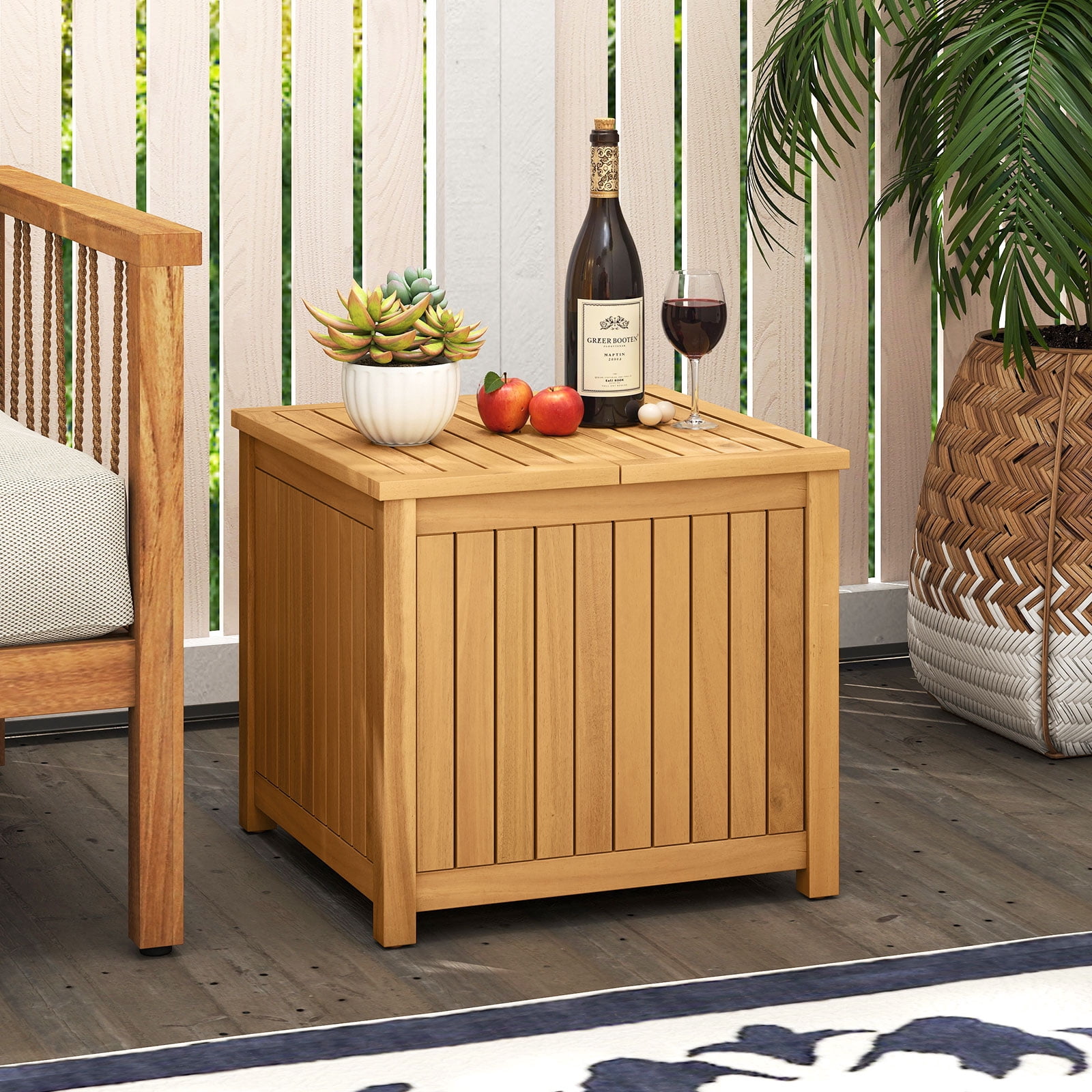Gymax 2-in-1 Outdoor Side Table w/Storage Umbrella Hole & Removable Base for Backyard