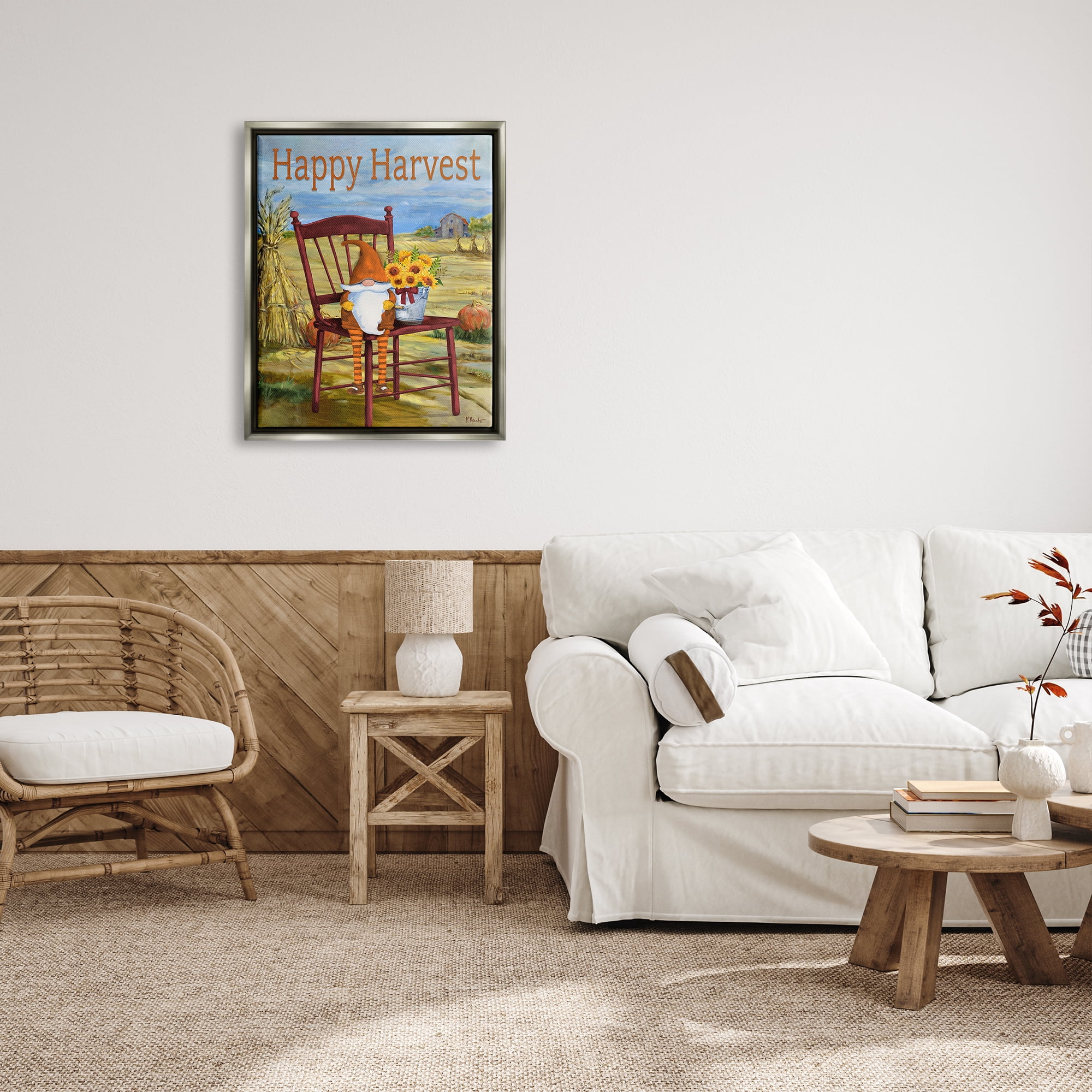 Stupell Industries Happy Harvest Country Gnome Landscape Painting Gray Floater Framed Canvas Art Print Wall Art, 25 x 31