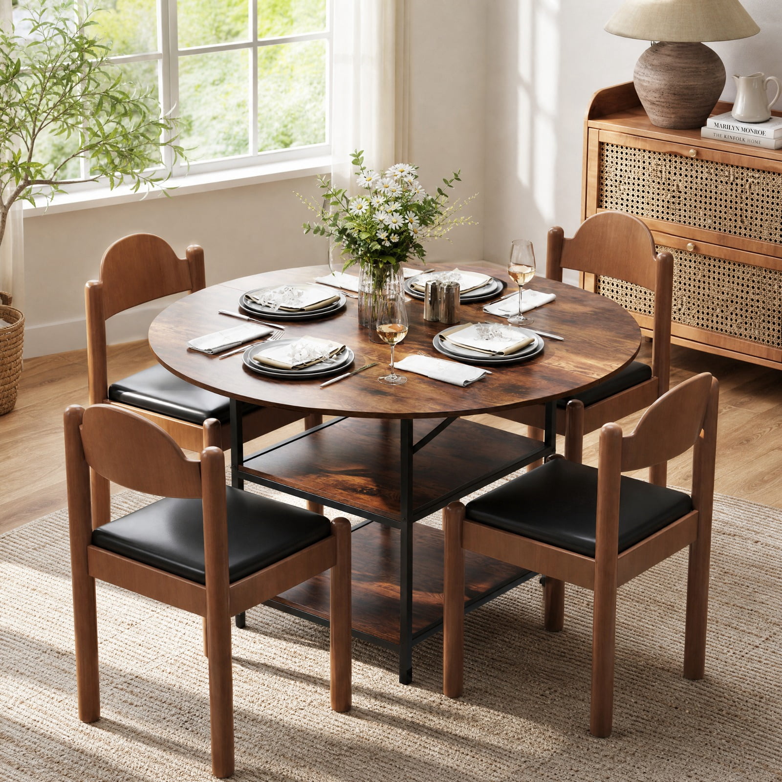 Furnibear 47 Inch Round Dining Table for 4 to 6 with 2 Tier Storage Shelves and Sturdy Metal Frame for Kitchen and Apartment, Rustic Brown