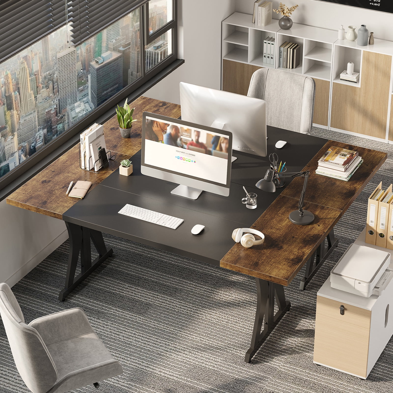 Bestier 70 Inch Large Computer Desk, Modern Two-Tone Executive Office Desk with Sturdy K-Shaped Metal Frame, Industrial Home Office Writing Desk for Gaming, Studying, and Working, Rustic Brown