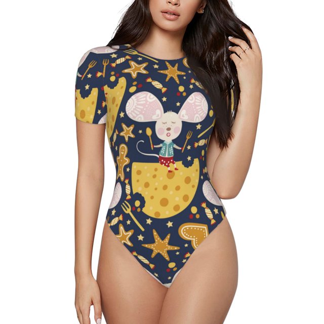 Fotbe Mouse Cheese Body de Mujer con Cuello Redondo y Mangas Cortas, Sin Mangas Ajustado, Suave, Cómodo y Básico-Small