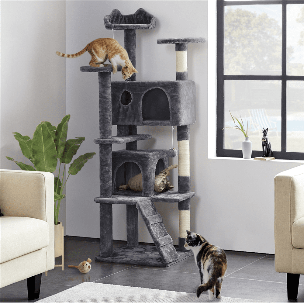 Alden Design 61.5''H Double Condo Cat Tree with Scratching Post Tower, Dark Gray