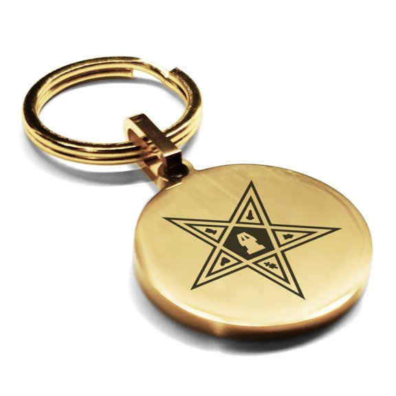 Stainless Steel Masonic Blazing Eastern Star Symbol Round Medallion Keychain Circle Ring