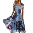 thumbnail image 1 of Summer Dress Saving! Dresses for Women Floral Printing Short Sleeve V Neck Dress Pleated Flowy Leisure Dresses Sky Blue L, 1 of 5