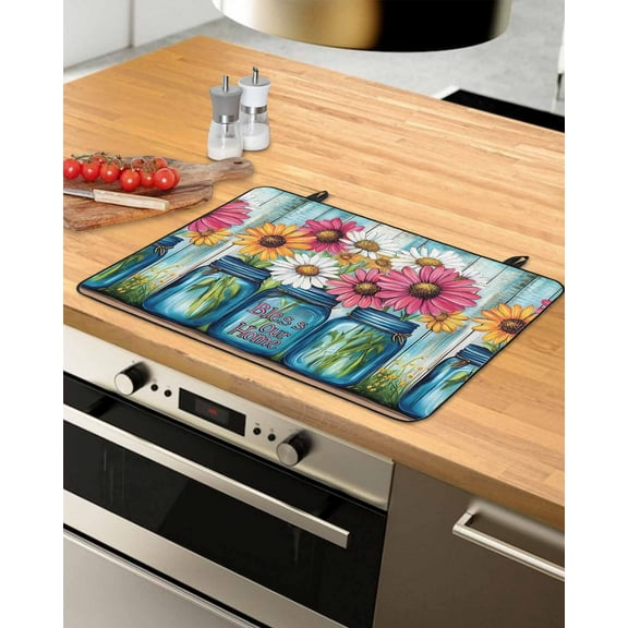 nqOlkjepod Large Induction Cooktop Protector Mat 24"x21", Red White Daisy Stove Top Covers for Electric Stove, Vintage Bottle Teal Wooden Grain Stove Burner Cover Mats, Glass Top Stove Cover