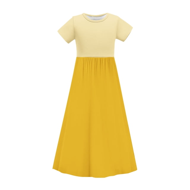 Ohufall Robe Bébé Fille Ligne A 4-14T Manches Courtes Patchwork Extensible Respirante Longue Robe Fille
