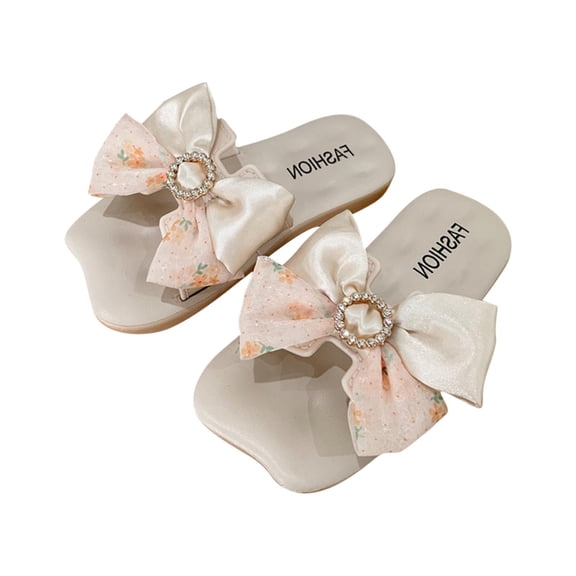 ZACPNCV Girl's Bow Open Toe Slip on Slippers PU Leather Slides Flat Sandals Beige 7-8 Years
