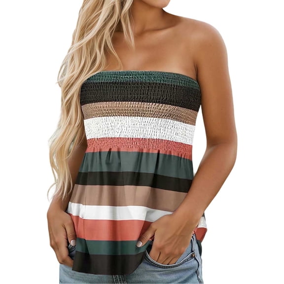 MIASHUI Women's Striped Print Tank Top Loose Fit Sleeveless Blouse with Ruffled Waistband Stretchy Casual Summer Tunic Multicolour,S