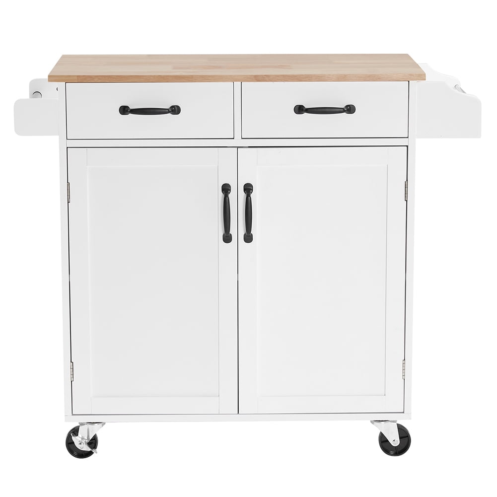 Kadyn Kitchen Island Cart, MDF Rubber Wood Dining Car with 2 Doors and 2 Drawers, Moveable Kitchen Cart for Kitchen, White Kadyn Kitchen Island Cart, MDF Rubber Wood Dining Car with 2 Doors and 2 Drawers, Moveable Kitchen Cart for Kitchen, White