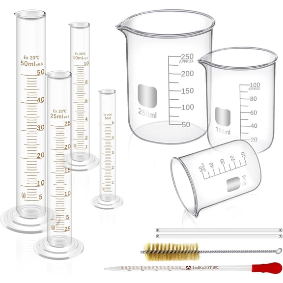 FOUR E's Scientific 11 Pieces Glass Measuring Beaker 50/100/250 ml, Glass Graduated Cylinder 5/10/25/50 ml with 1 Brush, 2 Diameter and 1 Droppers for Science Lab, Glass Beaker Set