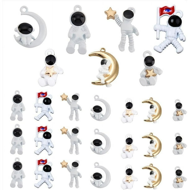 7 estilos de dijes de astronautas, 28 piezas, colgantes de astronauta, estrella, luna, universo, cuentas sueltas, blanco, aleación linda