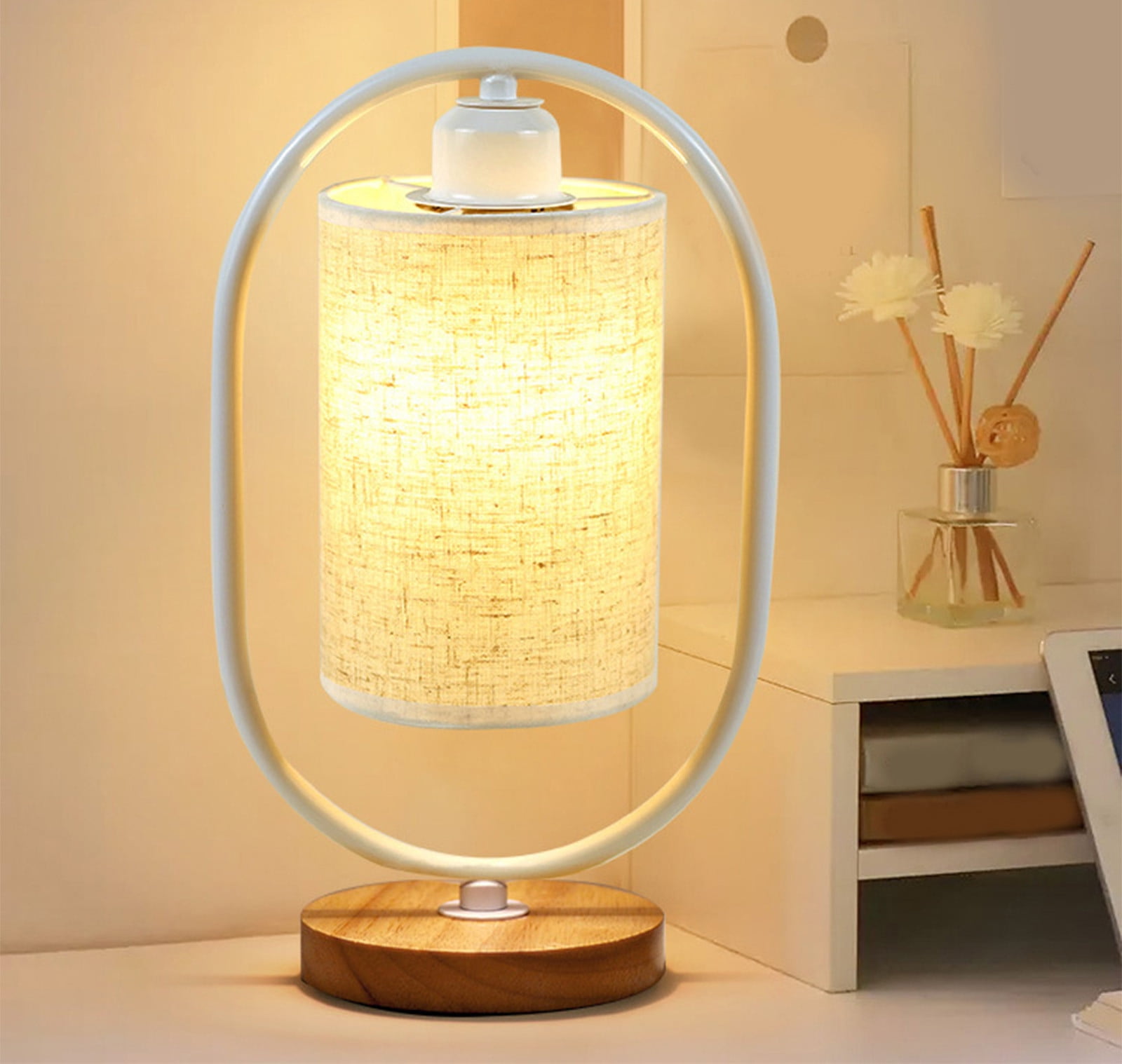 Bdday Small Table Lamp-Wooden Bedside Lamp Simple Bedroom Lamp Linen Shade Mini Desk Lamp Night Light Nightstand Lamp for Bedroom,Living Room,Kids Room