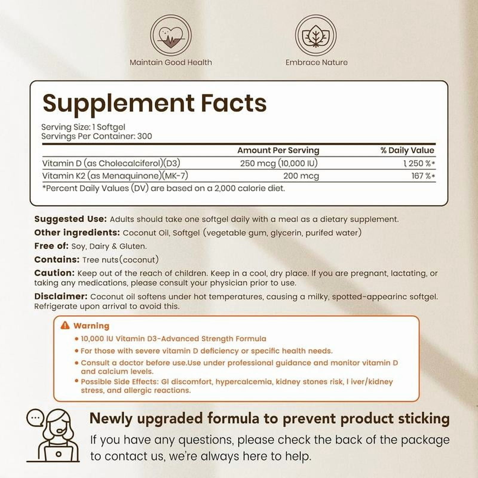 Vitamin D3 K2 Supplement with Coconut Oil, 10000 IU Vitamin D3 & 200 mcg Vitamin K2, Supports Bone, Immune & Heart Health, 300 Softgels