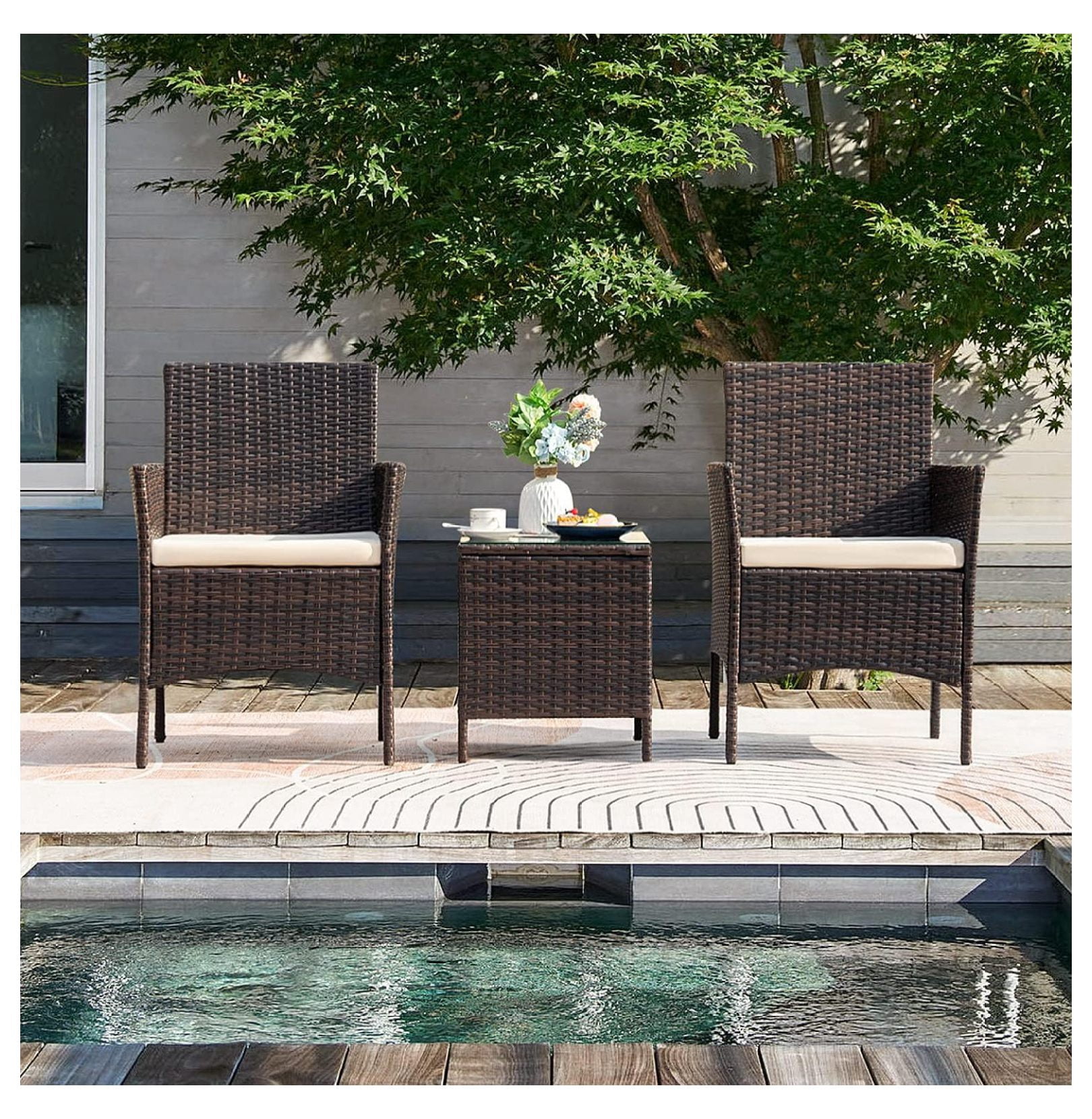 Patio Chairs Set of 2 Outdoor Front Porch Furniture Bistro Set 3 Piece Wicker Patio Chairs Balcony Furniture for Backyard Patio Balcony Lawn Pool (Brown)