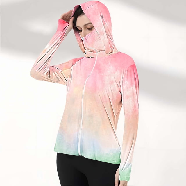 Chaquetas y prendas de vestir exteriores informales con capucha y manga larga de color degradado para mujer, con capucha y hebilla para el pulgar, ropa de protección solar, parte superior de poliéster