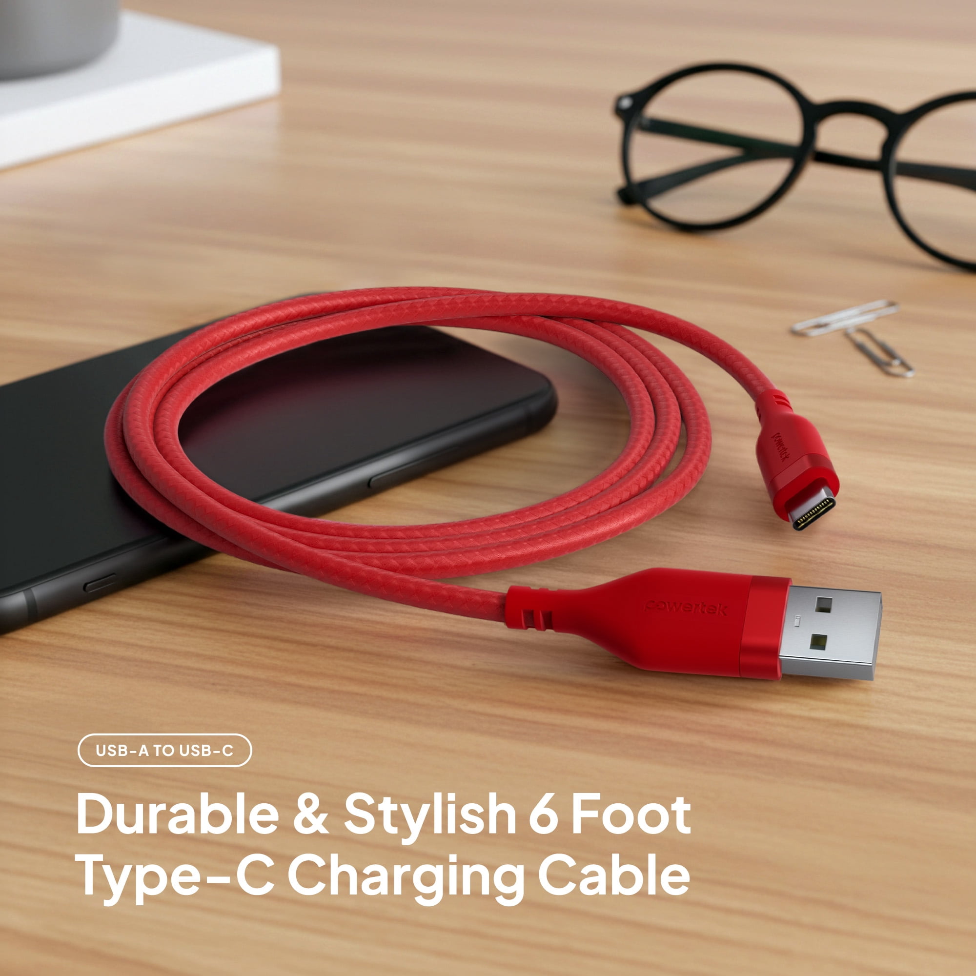 Powertek USB-A to USB-C (Type-C) Charging Cable, Carbon Design Texture, 6 ft, Red