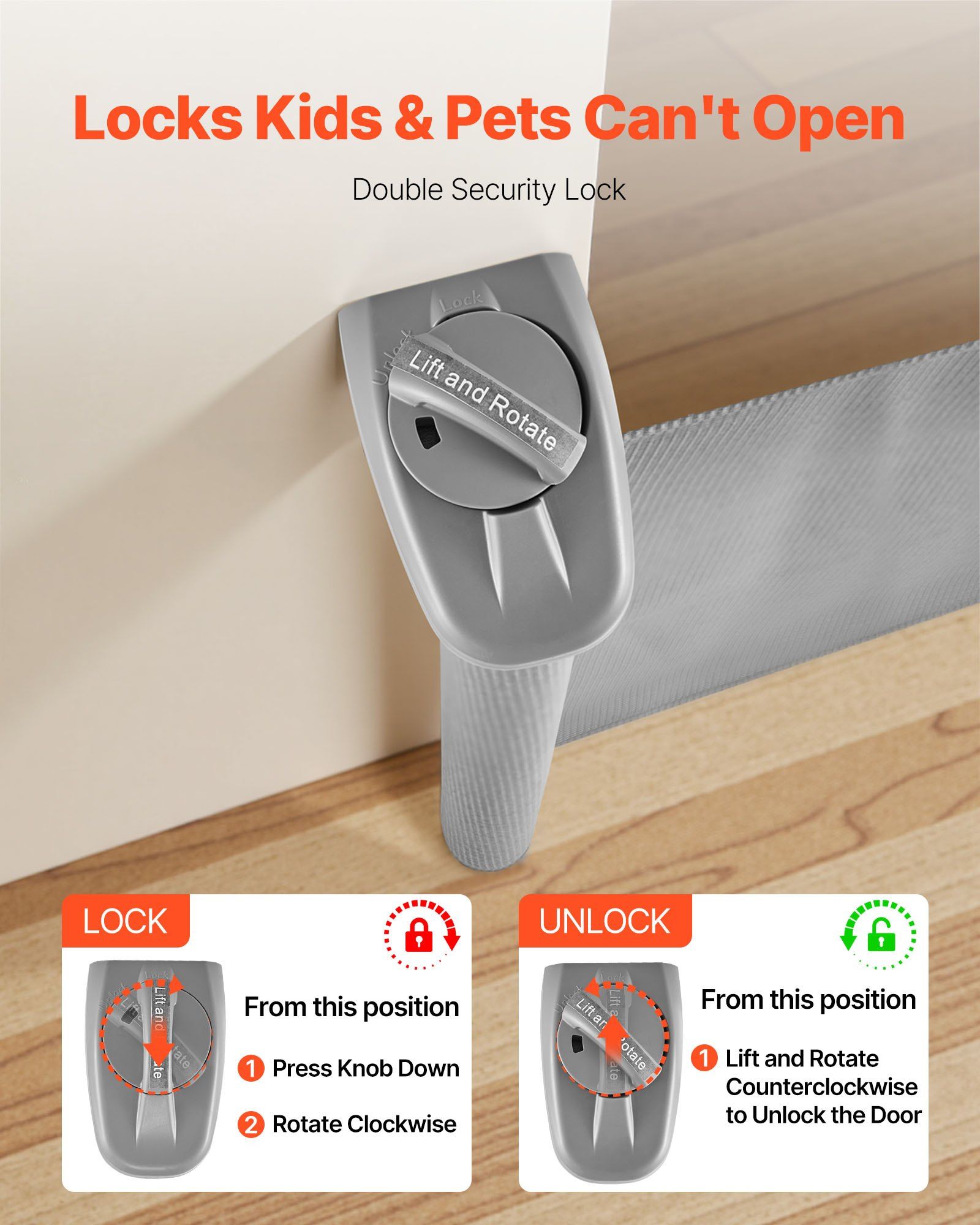 Retractable Baby Gate 57 Inch Wide 38.5 Inch Tall Security Lock Easy Walk Through Mesh Dog Gate for Stairs Hallways Indoor Outdoor Gray