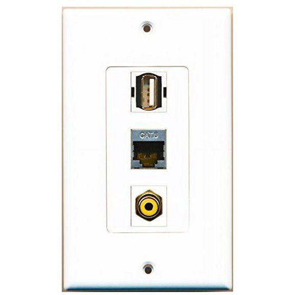 RiteAV - 1 Port RCA Yellow and 1 Port USB A-A and 1 Port Shielded Cat6 Ethernet Decorative Wall Plate Decorative