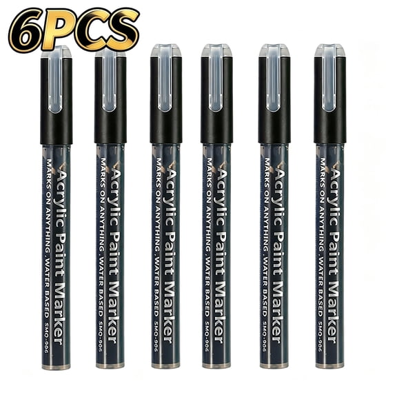 6 Pack Black Acrylic Paint Marker Pens, Water-Based Fine Point Markers, Quick Dry Pens for Scrapbooking, Card Making, Graffiti, Glass, Wood, Pottery, Dark Paper & Multi-Surface Art