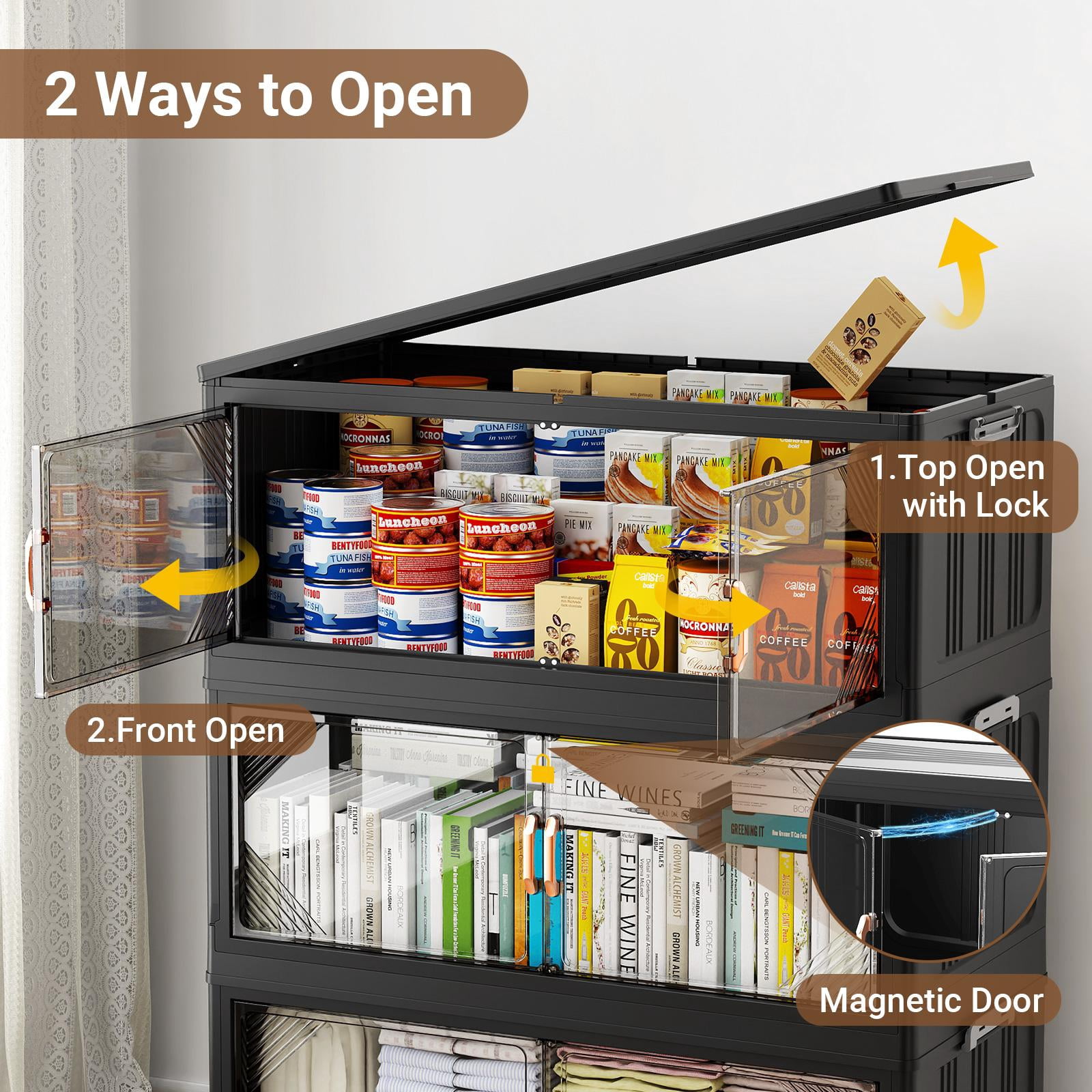 Broview V60 220Gal Extra Large Stackable Storage Bins with Lid, 880QT Plastic Containers With Drawers, Folding Closets with 6x Wheels, Collapsible Cabinets Organizers for Home Office, 4Pack Black