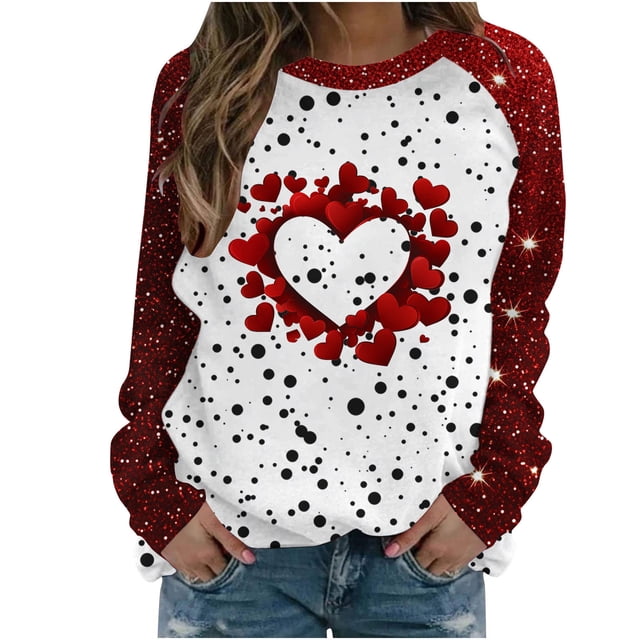 Penkiiy T-Shirt Décontracté à Col Rond pour Femmes, Manches Longues, Mignon, Tendance, Grande Taille, Imprimé Cœur, L Rouge