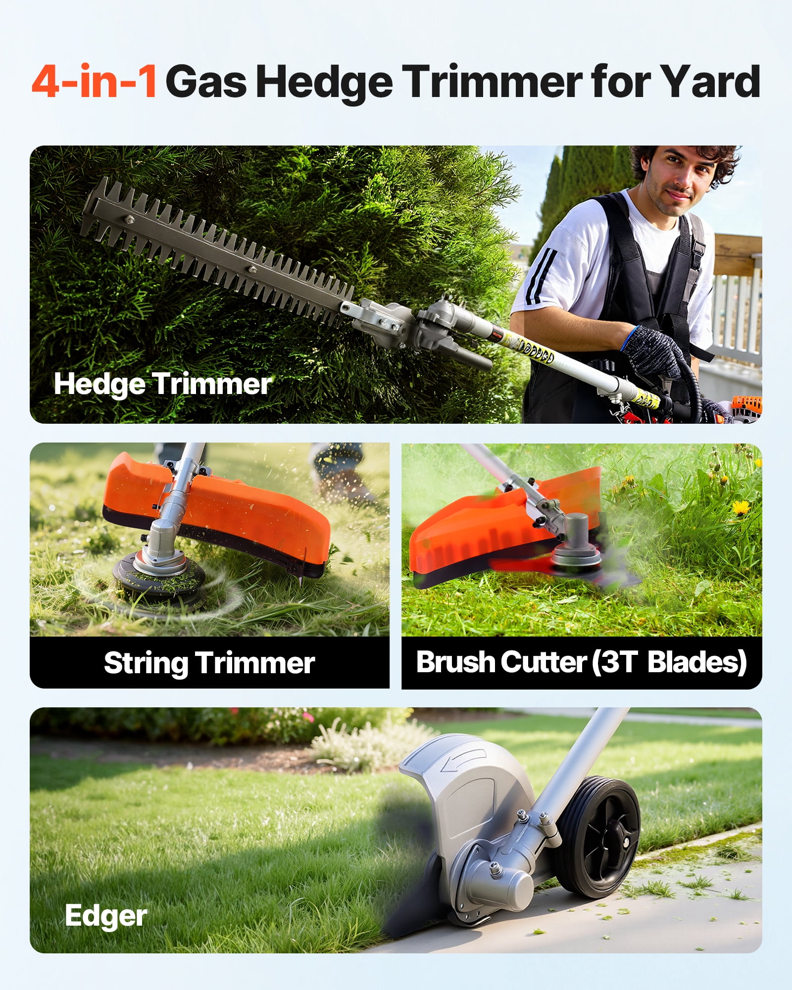 VEVOR Gas Hedge Trimmer,2 Cycle Gas Power Handheld Hedge Trimmer, 4-in-1 26cc Weed Eater with Protective Gear Set, Includes Hedge and String Trimmer, Edger, Brush Cutter, for Trimming Shrubs & Bushes