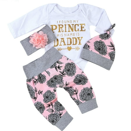 White Romper Set - 4PCS Baby Girls Long Sleeve Daddy's Princess Romper With Floral Pant And Hat+Headband 0-3 Months