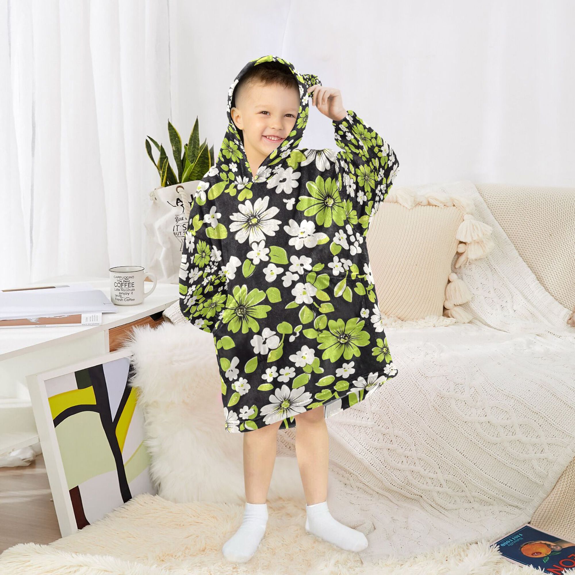 FORMRS Wearable Blanket Hoodie with Sleeves for Kids Cozy Flannel Sweatshirt, Green Flower Pattern