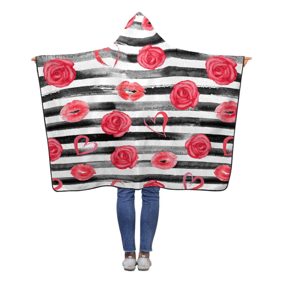 ASHLEIGH Roses Hearts Lip Kiss Wearable Hooded Blanket 50x60 inches