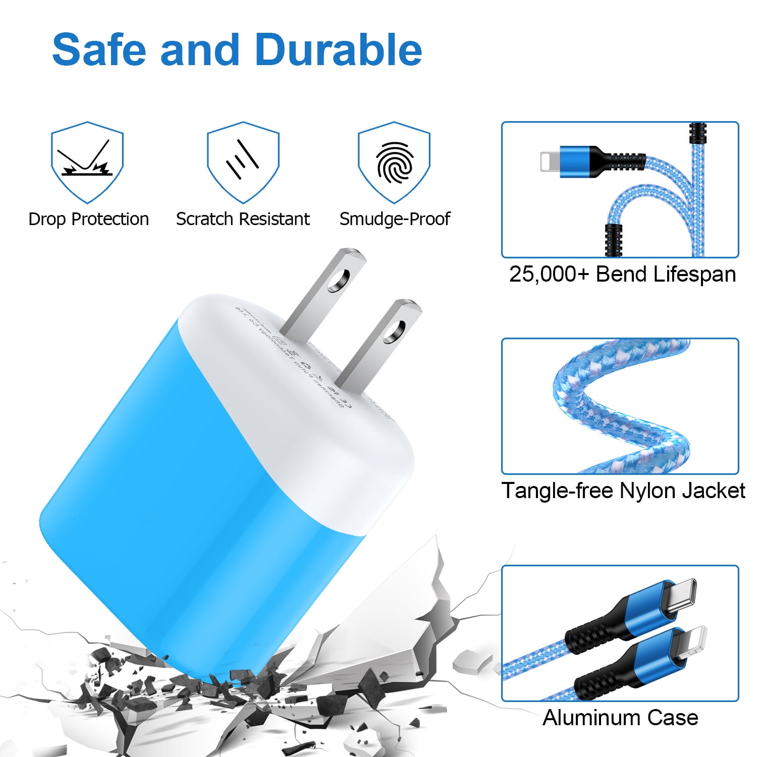 Compatible for iPhone Charger Fast Charging, 3 Pack 20W PD USB C Charger Block+USB C to Charging Cord 6FT, Type C Wall Charger Adapter USB C Brick Phone Charging Cord Compatible for iPhone, Blue