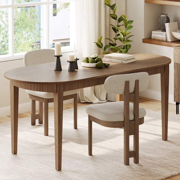 3 Piece Modern Dining Table Set, 73" Solid Wood Oval Dining Table with 2 Polyester Chairs, Dining Set with Fluted Apron for Kitchen & Dining Room