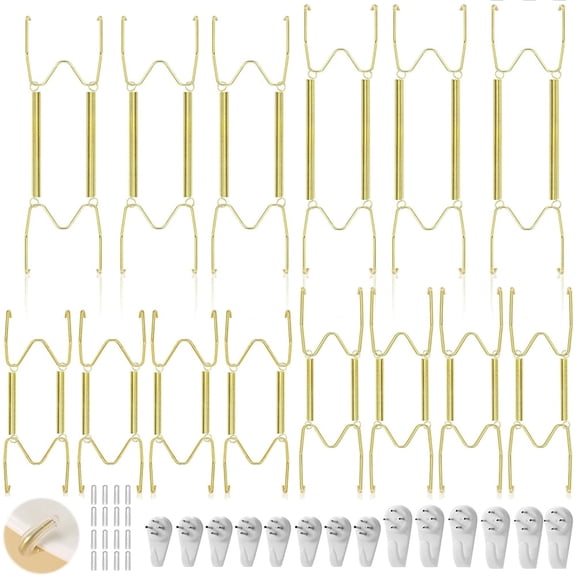 Januofit 14 Pieces Plate Hangers for Wall - 6/8/10/12 Inch Invisible Plates Hanger, Stainless Steel Plate Holders with 14 Pieces Wall Hooks for 5.5 to 12.5 Inch Decorative Plates and Arts (Gold)