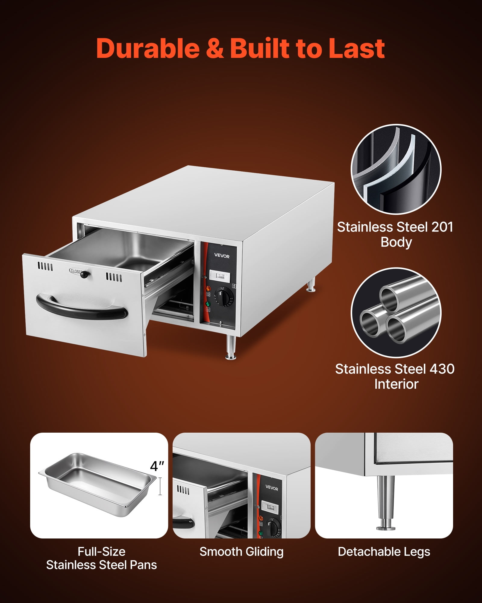 VEVOR Commercial Electric Drawer Warmer, Single-Drawer Stainless Steel Food Warmer, Freestanding Slim Warming Drawer Cabinet, 85°F–185°F Wide Temperature Range,for Restaurant, Hotel, Bakery & Kitchen