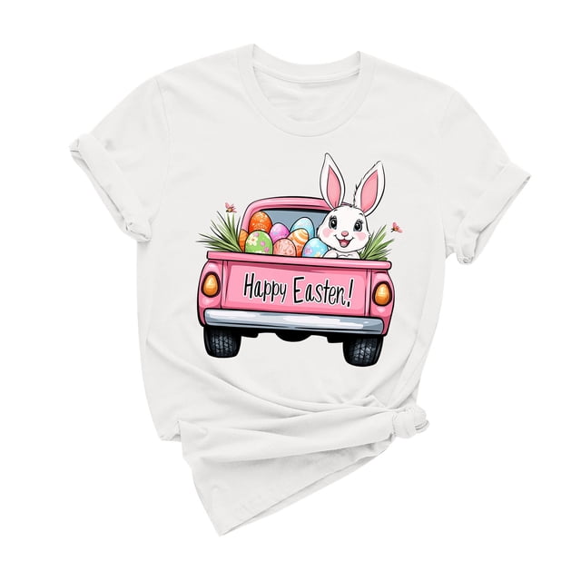 Tops de Cuello Alto para las Mujeres Pascua Impresa Camiseta Cuello Redondo de Manga Corta, Poliéster Spandex