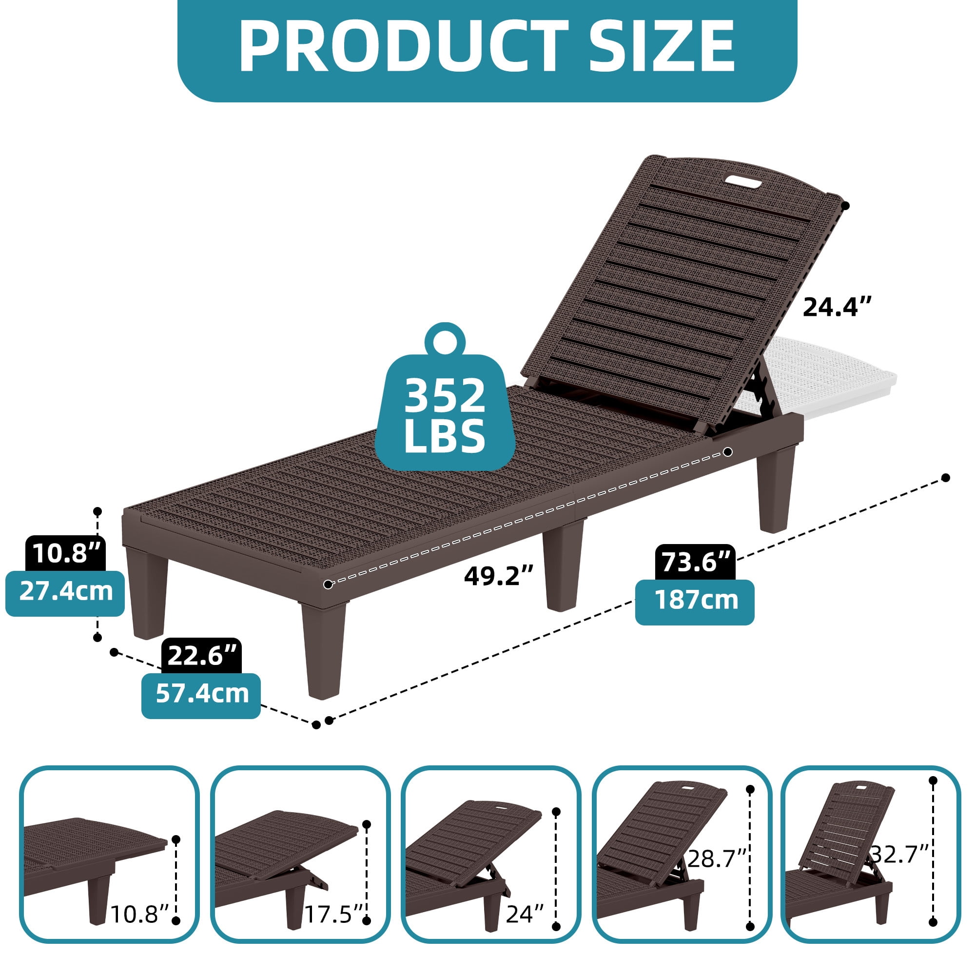 Uforic 2-Piece Outdoor Chaise Lounge Chairs, 5-Position Adjustable Backrest Waterproof Plastic Pool Loungers, Easy Assembly Patio Recliners for Backyard, Poolside and Garden, Dark Brown