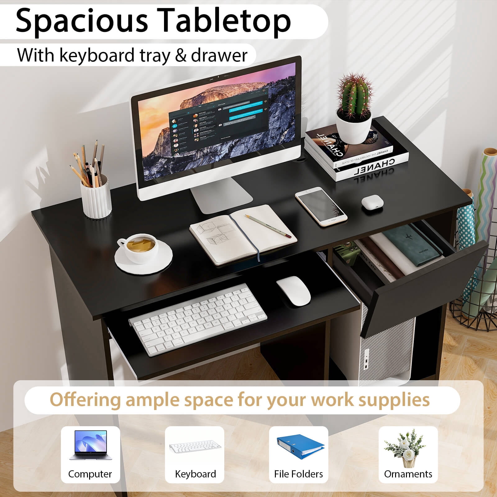 Costway Computer Desk Home Office Workstation Study Laptop Table with Keyboard Tray Drawer Black