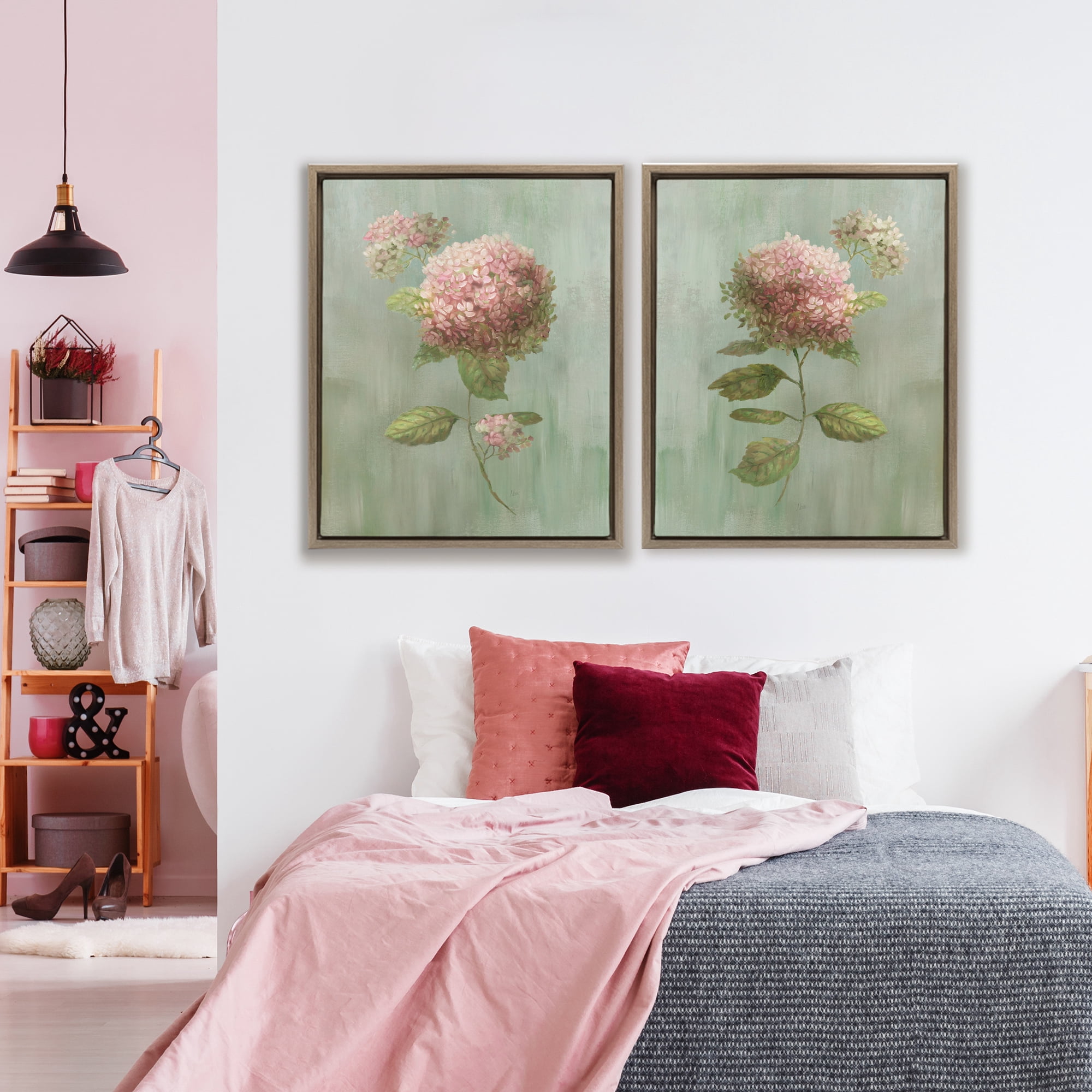 Stupell Industries Aged Pink Hydrangeas 2 Piece Brown Framed Floater Canvas Set, design by Nan