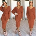 thumbnail image 2 of JGGSPWM Women's Long Sleeve Knit Midi Dress Wrap Front Tie Waist V Neck Hip Wrap Warm Dresses Orange S, 2 of 9
