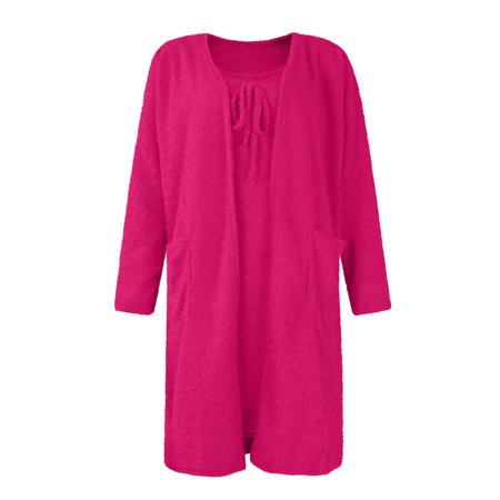 

Women s Winter Casual Solid Color Drawstring Plush Coat 2-piece Pajama Suit