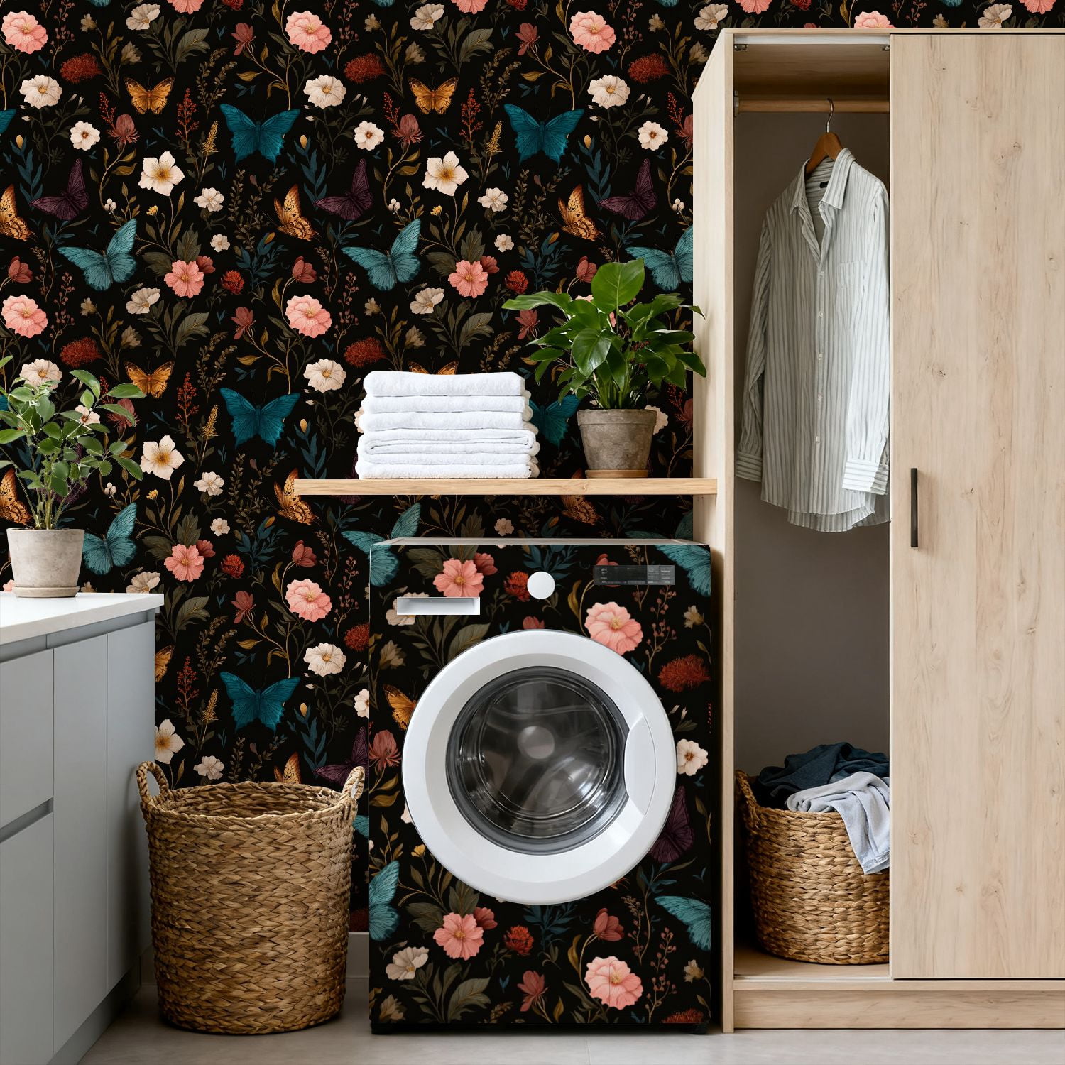 Peel and Stick Wallpaper Floral Botanical Butterflies Dark Elegant Vintage Style 24in x 118in Contact Paper Removable Self Adhesive Wall Mural Wall Decor for Bedroom Kitchen Cabinets