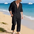 thumbnail image 4 of HBGVBA Men Casual Outfit Solid Color Loose Linen Button Hooded Long Sleeve Elastic Waist Drawstring Pocket Long Pants Beach Set, 4 of 5