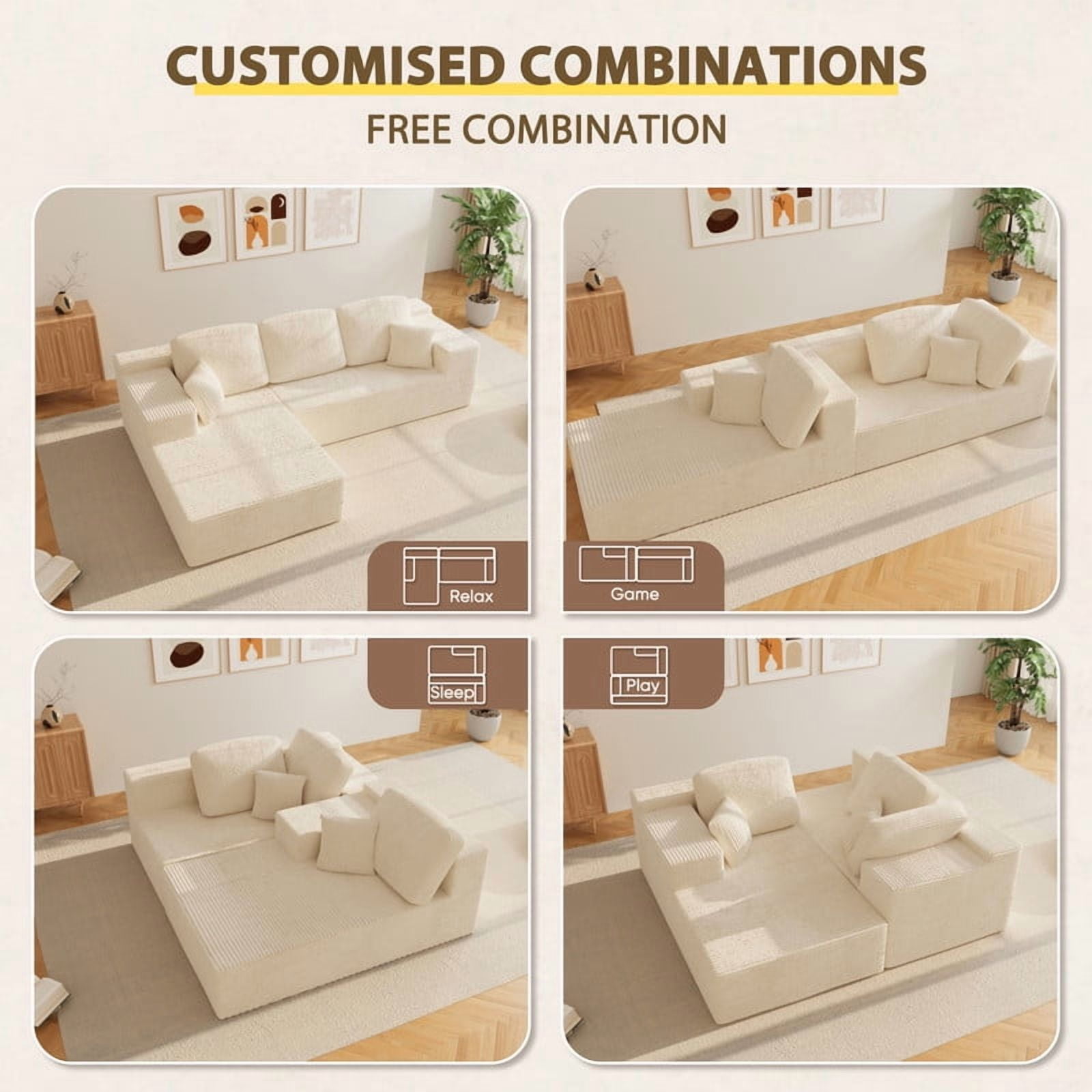 Homall 108" Cloud Sectional Sofa, Boneless Couch with L-Shape Chaise, Modular Couch with Deep Seat, No installation for Living Room & Apartment, Corduroy Beige