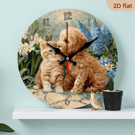 10Inch Cute Kitten Poodle Floral Wall Clock - Silent Non-Ticking Japanese Movement, Large Easy-to-Read Black Hands - Modern Minimalist Pet Lover Decor for Living Room, Bedroom