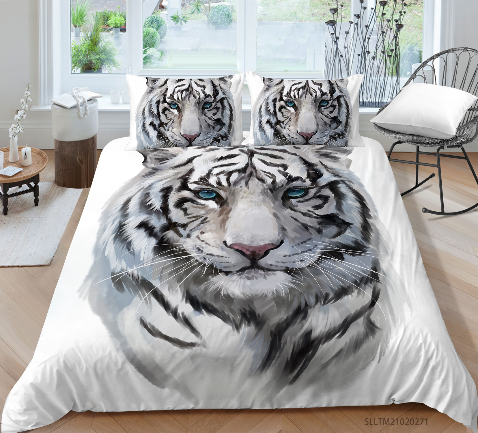 3D Animal Pattern Bedding, White Tiger Floral Soft Comforter Set