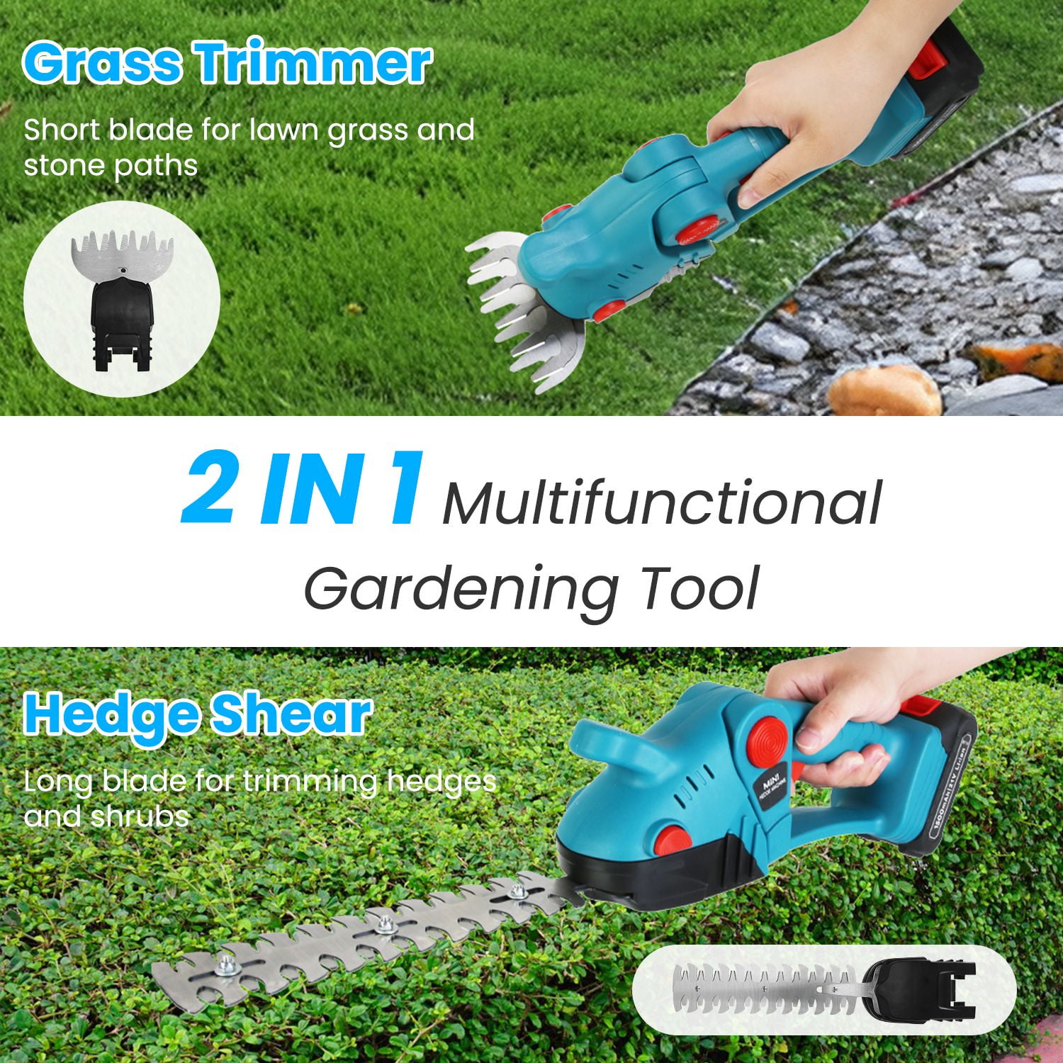 TeqHome Cordless Electric Hedge Trimmer with Extension Pole, 21V Grass Shears with 90° Rotatable Head 2Pcs 21V Batteries Blue