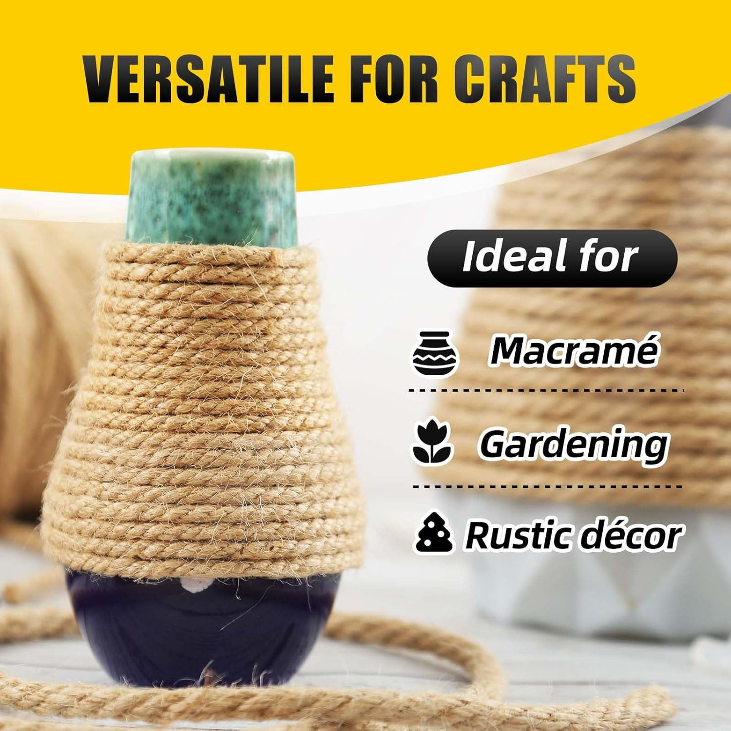 Natural Jute Twine, 5MM x 328FT Jute Rope Roll, Heavy Duty Thick Twine for Cat Scratching Post, Bundling, Gardening and DIY Crafts